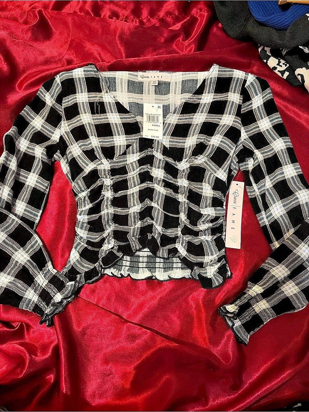 Fame Majestic Black Plaid Blouse in Black & White Size XS NWT